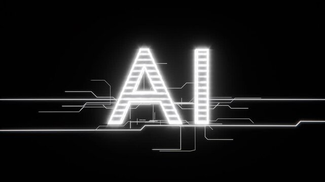 Entering thin glowing line moving toward center AI glyph on black field, forming bright neon traces