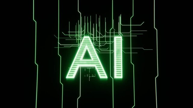 Brightening AI letters on black void as neon traces descending and linking, revealing green halo