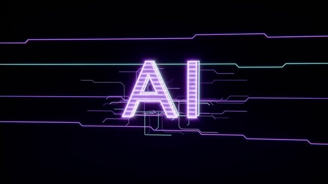 Animating neon AI pulsing in dark void while purple cyan traces slide from left, building circuitry