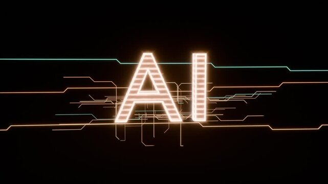 Opening screen showing glowing AI text forming bars in black void, neon connectors linking circuits