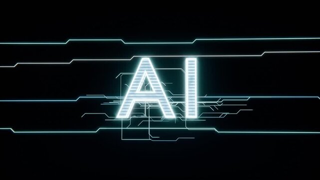 Entering neon cyan lines starting glowing striped AI forming circuit traces on black, routing data