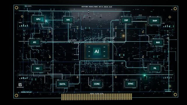 Animating glowing AI revealing PCB schematic against starfield, showing traces and gold pads