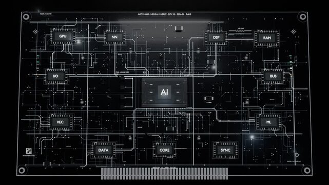 Lighting central AI sparking board growing in HUD, drawing traces to GPU RAM BUS, pulsing nodes
