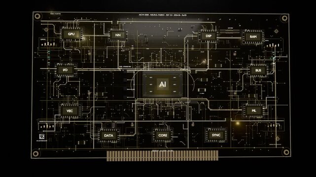 Glowing AI square initiating PCB schematic reveal on dark screen, highlighting GPU and RAM traces