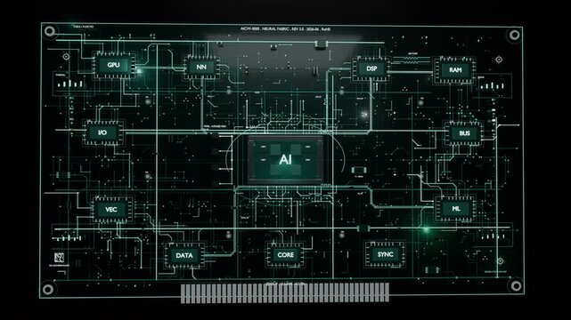 Glowing AI module initiating traces, forming holo board in dark space with labeled modules and pins
