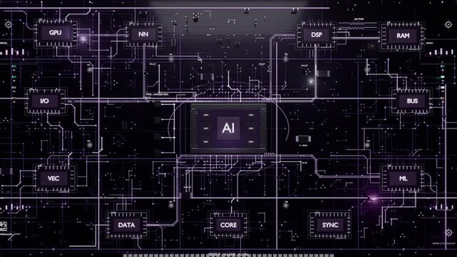 Powering central AI module emitting traces in dark void, linking labeled modules and revealing PCB