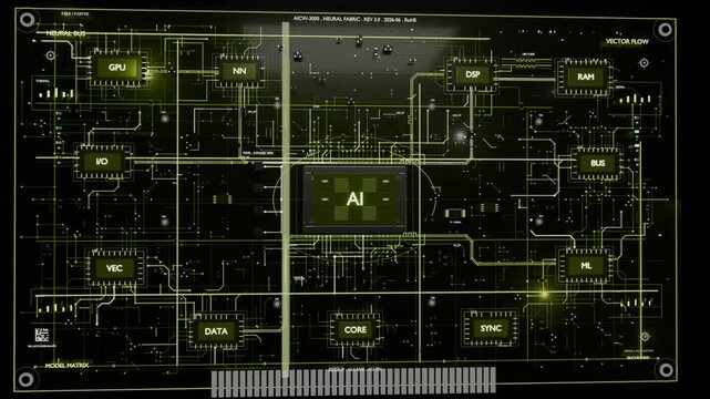 Sweeping scanline lighting central AI module and labeled blocks on monitor, revealing circuits