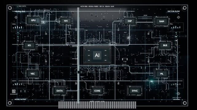 Fading into dark HUD, AI chip sending pulsing data along traces, mapping links with scan bar