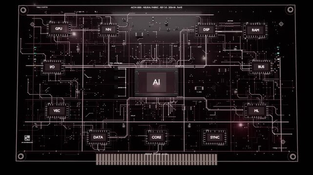Brightening AI chip initiating schematic build on dark HUD, sending traces to GPU, connector pins