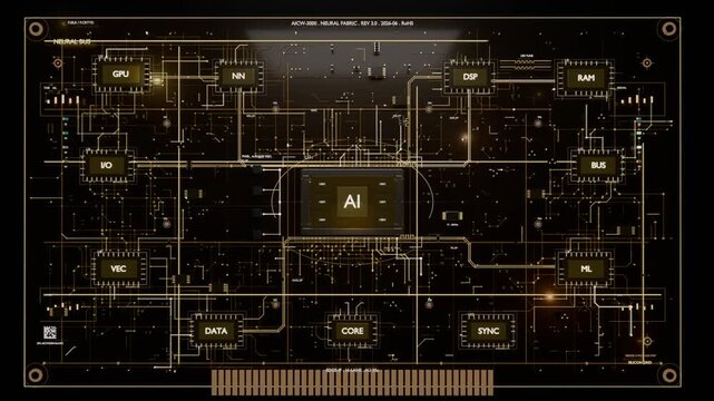 Emerging central AI module linking labeled blocks and traces on black background, forming AI board