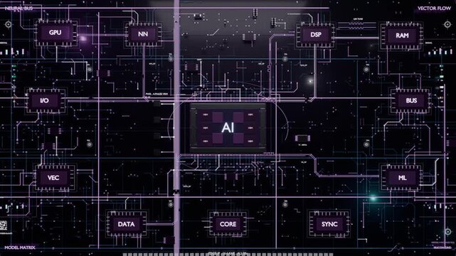 Animating central AI module emitting traces across schematic canvas, scan bar lighting paths