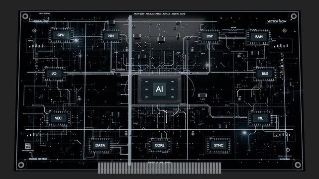 Zooming viewpoint starting from faint glow, revealing AI module on PCB with moving scan bar