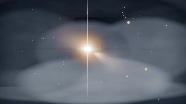 Emerging central flare brightening and sending rings and crosshair across studio for intro
