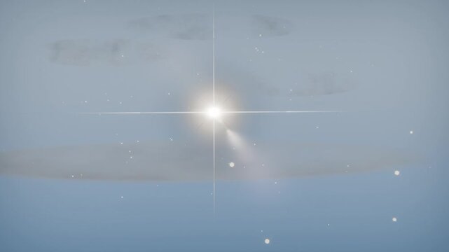 Fading in bright star forming rings and crosshair over pale sky, with comet-like flare and sparkles
