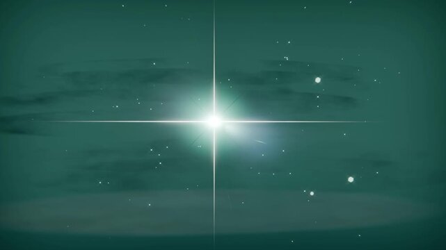 Pulsing central star flare emitting crosshair lines in teal cosmic scene, with rings and particles