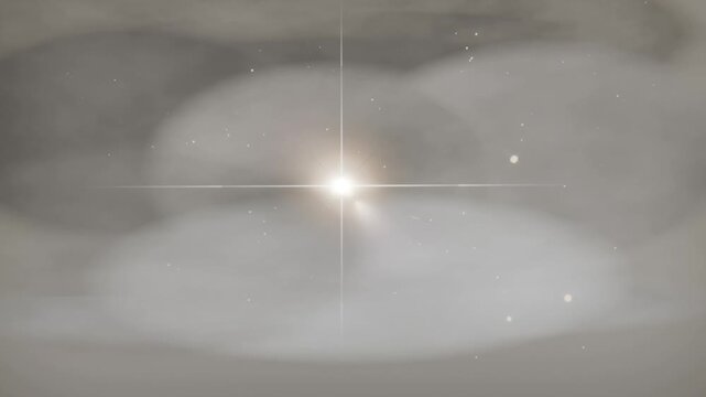 Appearing central star settling, emitting halo and cross flare amid grey clouds, sending sparks