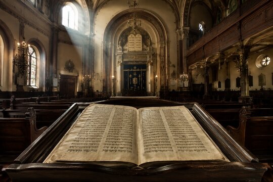 Empty synagogue interior with wooden lectern and ancient scripture, soft window light.
