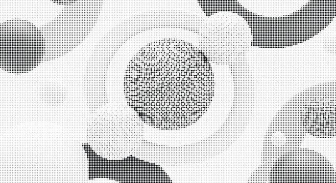 Abstract halftone pattern with concentric circles and pixelated texture on a transparent background, modern graphic resource.