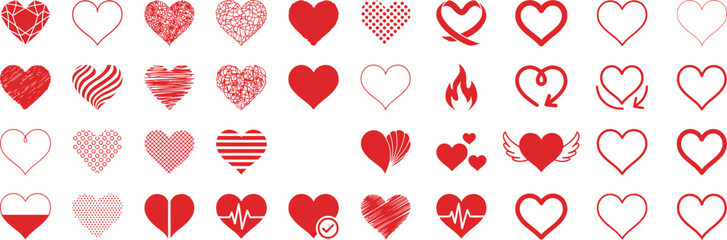 Set of various hand drawn red heart shapes for romantic greeting card design elements or decoration. Vector illustration © MstSima