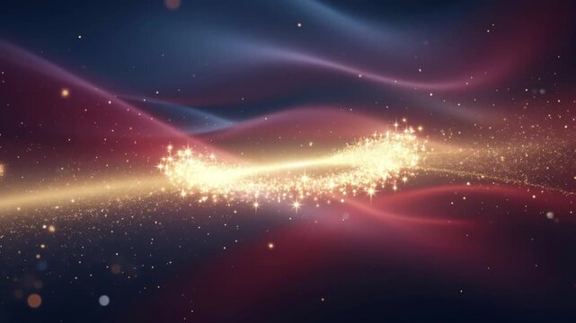 Abstract Motion Background Featuring Golden Particles Floating Through Flowing Red And Blue Light Waves In A Dark Cinematic Environment Creating A Sophisticated Atmosphere For Digital Media Production