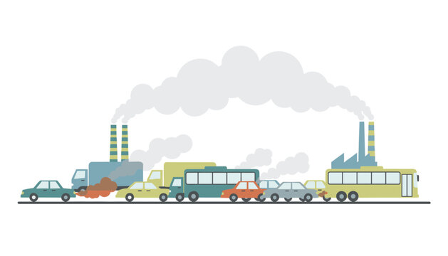 Traffic jam featuring various vehicles and industrial buildings releasing large clouds of smoke and air pollution into the sky.