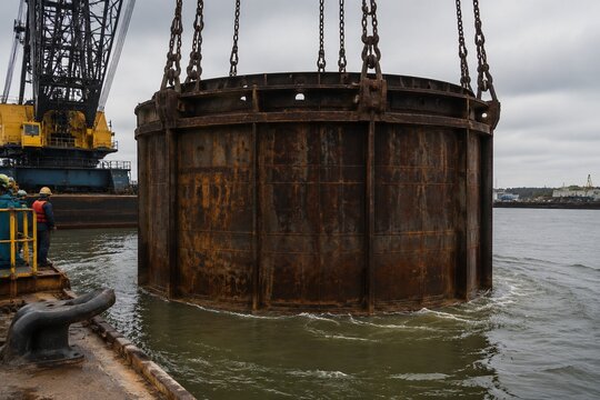Massive steel caisson being lowered into murky harbor water, rusted surface, industrial chains.