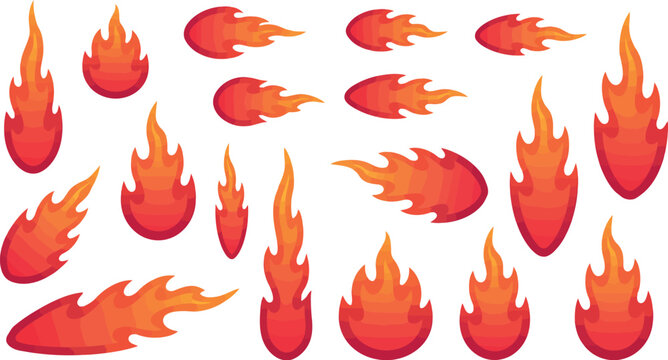 Set of fire flames in various cartoon shapes for game effects or decorative design element graphics set. Vector illustration