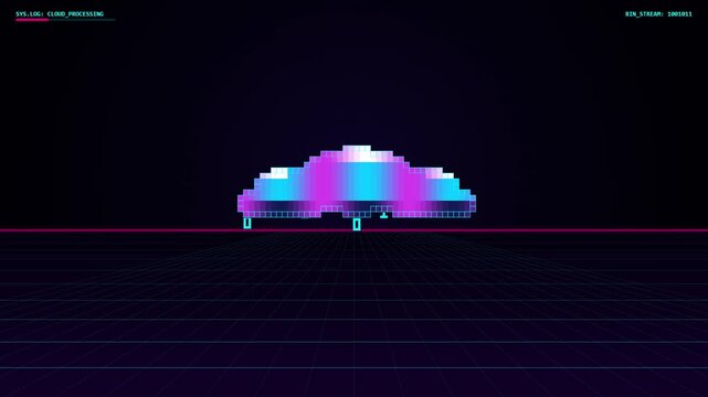 Pixel art retro synthwave UFO spaceship flying over neon grid background
