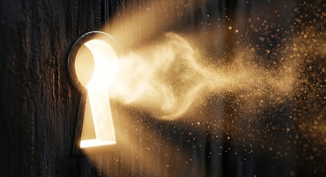 Golden light and particles escaping from an ornate keyhole with energy flow light beam particle effect glowing effect abstract