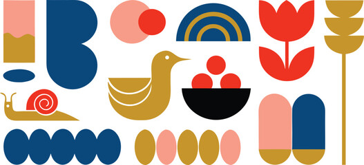 Cute hand drawn style elements including birds snail and botanical shapes © Sadhin07