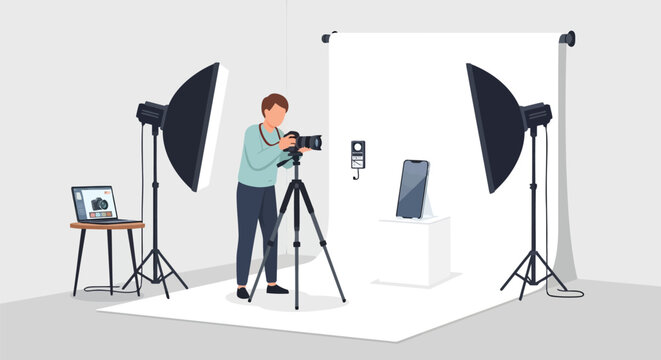 Illustration of professional photographer in a studio setting capturing product shots of a smartphone and other items with lighting equipment, isolated on