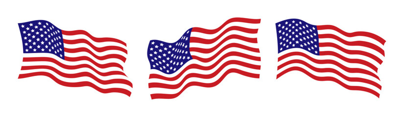 Fototapeta premium Collection of waving American flags in different realistic shapes isolated on white background. Patriotic national symbols for holidays, banners and celebrations. Flat style. Vector illustration