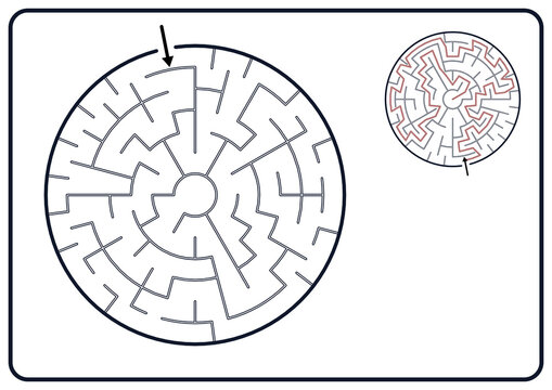 Circular maze puzzle with path solution as a business strategy and educational problem solving concept featuring a minimalist labyrinth design