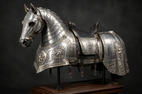 Ornate suit of polished steel horse armor displayed on a stand.