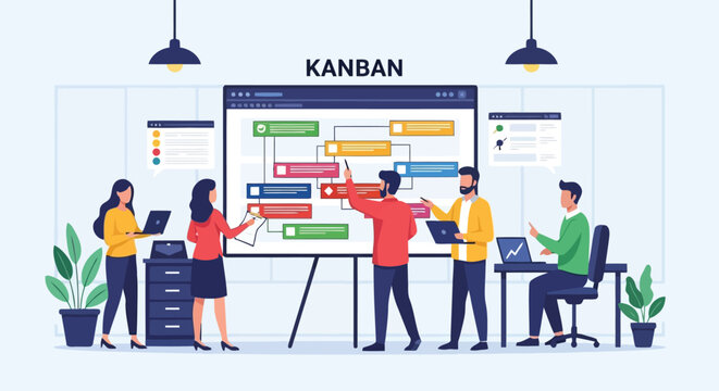 Illustration of business team collaborating on a kanban board in an office, discussing project management, workflow, and agile development strategy