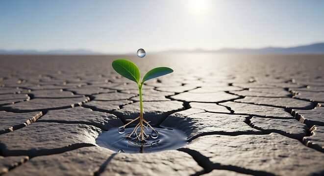 Single green sprout growing in cracked dry earth with water droplet climate change growth cycle survival instinct survival