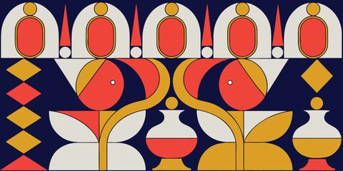 Minimalist geometric illustration featuring stylized floral patterns and symmetrical abstract shapes in a vintage mid century modern style © Sadhin07