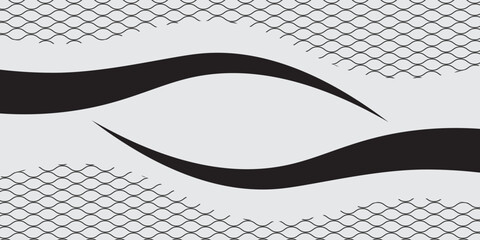 Abstract minimalist background with black wavy swoosh line and fish scale pattern on light gray backdrop. © Hery