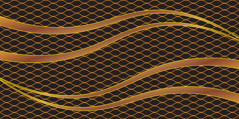 Abstract dark background with elegant gold wavy lines and golden fish scale pattern texture. © Hery
