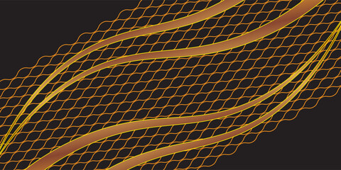 Abstract dark background with elegant gold wavy lines and golden fish scale pattern texture. © Hery