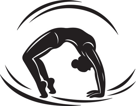 Gymnast in backbend silhouette with circular swirl design