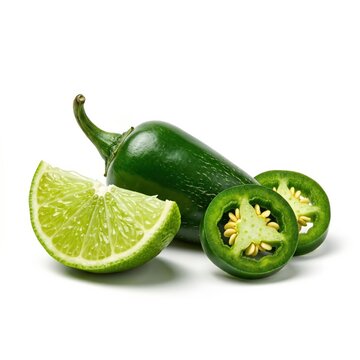 Fresh green jalapeno pepper with a juicy lime wedge and sliced chili pepper pieces
