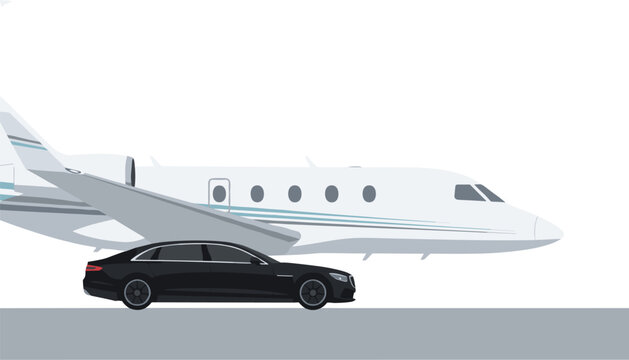 Luxury black sedan parked near a private jet on an airport runway symbolizing executive travel and premium transportation services for business.