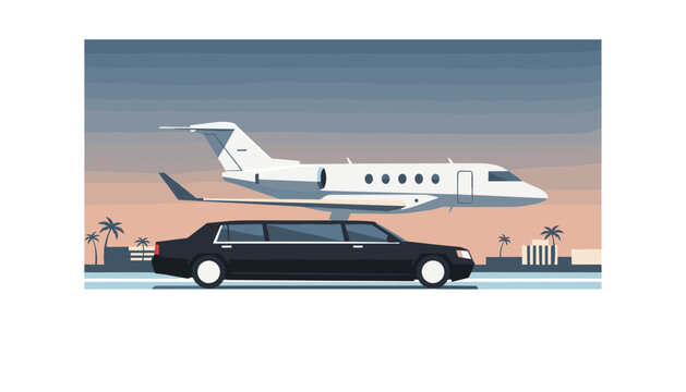 Long black limousine parked on the runway with a private jet in the background during a golden sunset, representing elite travel services.
