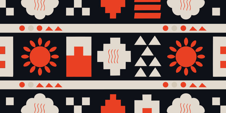 Southwestern style pattern with suns and clouds in warm tones