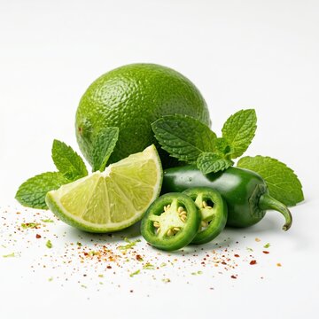 Fresh green lime and spicy jalapeno pepper slices with mint leaves for seasoning