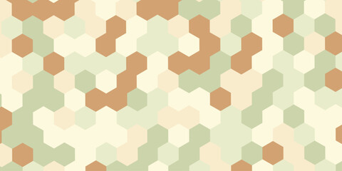 Abstract geometric seamless pattern background with mosaic hexagons in pastel shades of beige, green and brown, modern polygon camouflage grid texture illustration for backdrop design layout. © Abu Bokkor Siddique