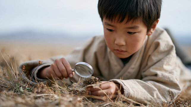 Mongolian boy flat on his stomach on a grass hill in autumn, magnifying glass held over a beetle on a leaf, low angle hero view from ground level shows the sky behind him as he