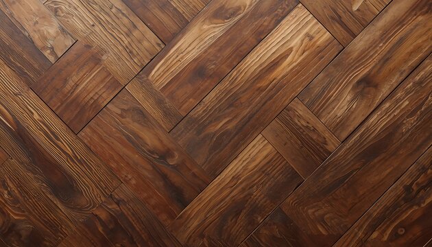 Rustic herringbone wood floor texture, dark walnut parquet background, vintage timber planks with natural grain pattern for interior design