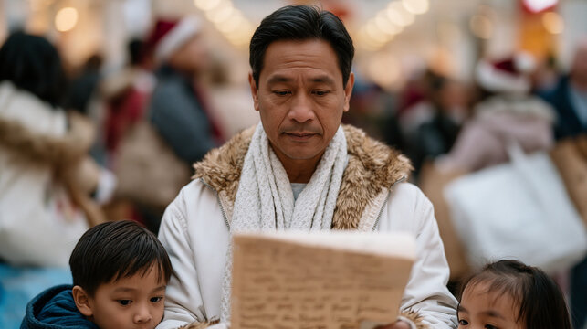 Filipino father stands in a crowded December shopping mall surrounded by bags and people, checking a long handwritten gift list with a tired but determined expression, overhead